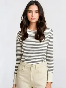 MACK JONNEY Women Striped Round Neck Cotton T-shirt