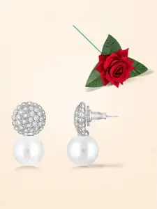 Peora Silver-Plated Cubic Zirconia & Pearls Studded Circular Drop Earrings With Rose