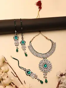 Anouk Gold Plated Stones Studded & Beaded Necklace And Earrings With Maang Tikka
