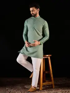 Anouk Green Geometric Sequence Embroidered Mandarina Collar straight Kurta