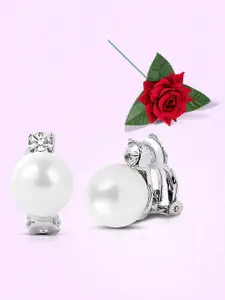 Peora Silver-Plated  Cubic Zirconia & Pearls Studded Circular Studs With Rose