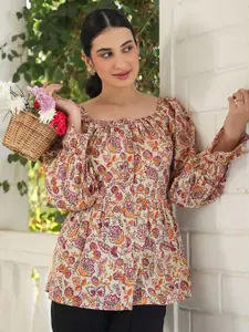 Janasya Floral Print Puff Sleeve Cotton Top
