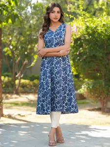 Janasya Floral Printed V-Neck Pure Cotton A-Line Kurta