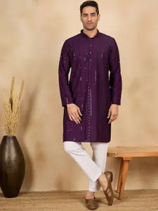 House of Pataudi Striped Embroidered Mandarin Collar Straight Kurta