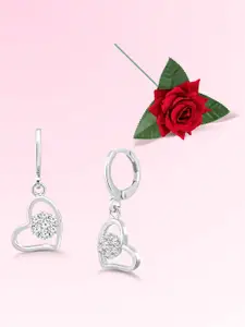 Peora Silver-Plated Cubic Zirconia Stone Studded Contemporary Drop Earrings With One Rose