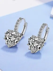 Peora Silver-Plated Cubic Zirconia Studded Herat Shaped Hoop Earrings With Red Rose Box