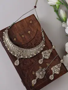 Anouk Gold Plated Cubic Zirconia Studded Necklace And Earrings With Maang Tikka