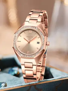 Nibosi Women Embellished Dial & Bracelet Style Straps Analogue Watch NB-2621-Gld-Gld