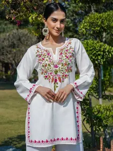 HOUSE OF KARI Floral Embroidered Kashmiri Aari Work Pure Cotton Short Kurti