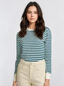 MACK JONNEY Women Striped Round Neck Cotton T-shirt