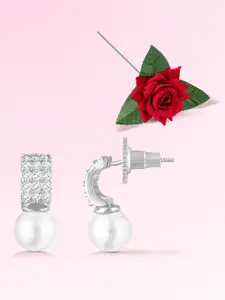 Peora Silver Plated CZ Studded Contemporary Drop Earrings