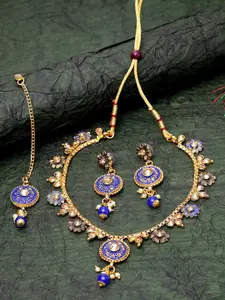 Anouk Purple Gold-Plated Artificial Stone Studded Chokar With Earrings & Maang Tika