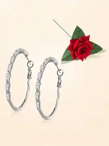 Peora Silver-Plated Cubic Zirconia Studded Circular Shaped Hoop Earrings With Red Rose