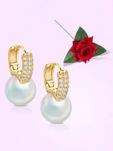 Peora Gold-Plated Cubic Zirconia Studded & Pearls Contemporary Drop Earrings With Red Rose