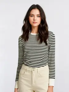 MACK JONNEY Women Striped Round Neck Cotton T-shirt