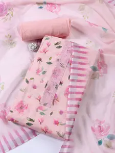 Meena Bazaar Floral Printed Mirror Work Linen Unstitched Dress Material