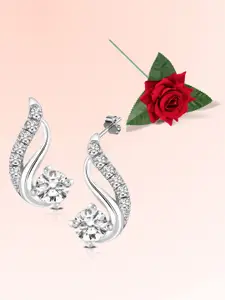 Peora Silver Plated Cubic Zirconia Studded Contemporary Shaped Studs With One Rose