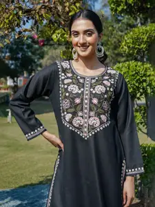 HOUSE OF KARI Floral Embroidered Round Neck Kashmiri Aari Work Pure Cotton Short Kurta