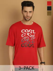 MACK JONNEY Men Pack Of 3 Typography Printed Round Neck Cotton Oversized T-shirts