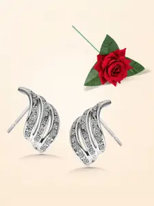 Peora Silver-Plated Cubic Zirconia Studded Contemporary Shaped Studs With Red Rose Box