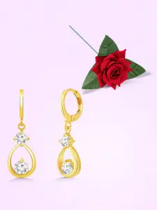 Peora Gold-Plated Cubic Zirconia Studded Teardrop Shaped Drop Earrings With Red Rose