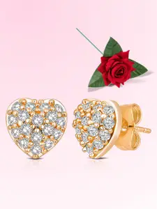 Peora Gold-Plated Cubic Zirconia Studded Heart Shaped Studs With Red Rose