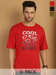 MACK JONNEY Men Pack Of 3 Typography Printed Round Neck Cotton Oversized T-shirts