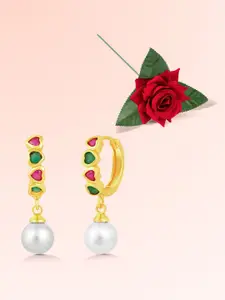 Peora Gold-Plated Cubic Zirconia Stone Studded Contemporary Drop Earrings With One Rose