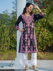 HOUSE OF KARI Paisley Embroidered Notch Neck Chikankari Straight Kurta