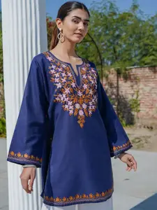 HOUSE OF KARI Floral Embroidered Notch Neck Thread Work Cotton Straight Kurti