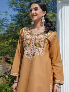 HOUSE OF KARI Floral Embroidered Round Neck Kashmiri Aari Work Pure Cotton Short Kurta