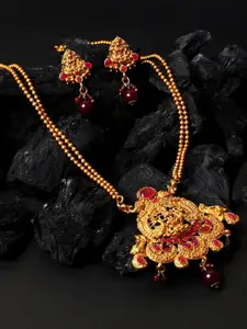 Anouk Gold-Plated Artificial Stone Studded And Beaded Temple Necklace And Earrings