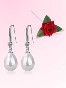 Peora Silver-Plated Stones Studded & Pearls Beaded Drop Earrings With Red Rose Box