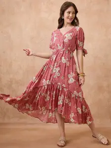 Globus Floral Print V-Neck Puff Sleeves Fit and Flare Midi Tiered Fusion Dress