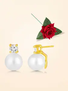 Peora Gold-Plated Cubic Zirconia Studded & Pearls Geometric Shaped Studs With Red Rose