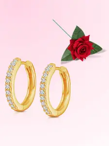 Peora Gold Plated Cubic Zirconia Studded Contemporary Shaped Hoop Earrings With Red Rose