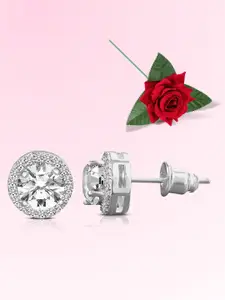 Peora Silver-Plated Cubic Zirconia Studded Circular Shaped Studs With Red Rose