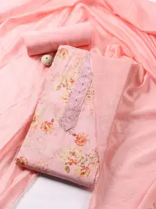 Meena Bazaar Floral Printed Mirror Work Linen Unstitched Dress Material