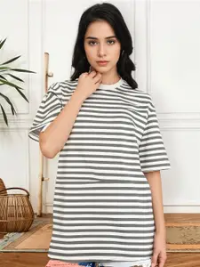 MACK JONNEY Women Striped Round Neck Cotton Oversized T-shirt