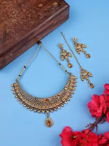 Anouk Gold Plated  Cubic Zirconia Studded Necklace And Earrings With Maang Tikka
