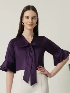 Style Quotient Tie-Up Neck Bell Sleeve Satin Top