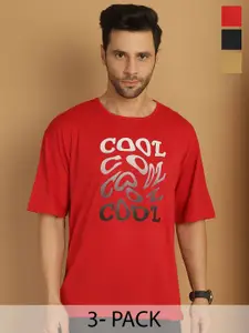 MACK JONNEY Men Pack Of 3 Typography Printed Round Neck Cotton Oversized T-shirts