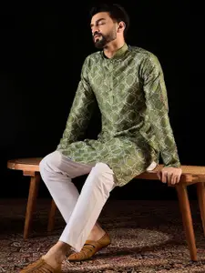 Anouk Green Geometric Gotta Patti Embroidered Mandarina Collar straight Kurta