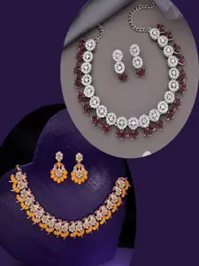 DIVASTRI Set Of 2 Rose Gold & Silver-Plated American Diamond-Studded Neckalce With Earring