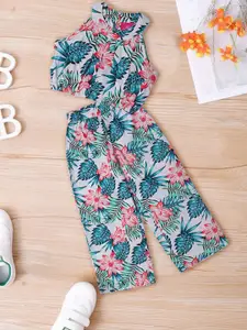 pspeaches Girls Tropical Printed Round Neck Sleeveless Top with Palazzos