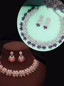 DIVASTRI Set Of 2 Silver Plated American Diamond Studded Necklace And Earrings