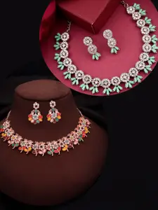 DIVASTRI Set Of 2 Gold & Silver Plated Artificial Stones Studded Necklace With Earrings