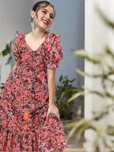 Miss Chase Floral Print Puff Sleeve Georgette Fit & Flare Maxi Dress