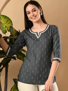 GLOWWORLD Geometric Printed Notch Neck Thread Work Straight Short Kurti