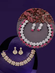 DIVASTRI Set Of 2 Gold & Silver Plated Artificial Stones Studded Necklace And Earrings